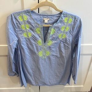 Blue jcrew top with bright embroidery - size small